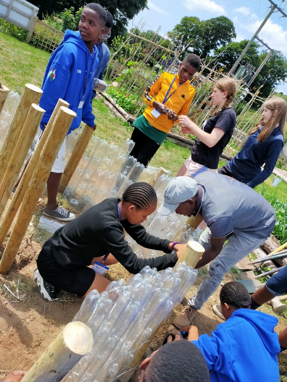 Some young people lining up plastic bottles. There are other young people standing in the background.