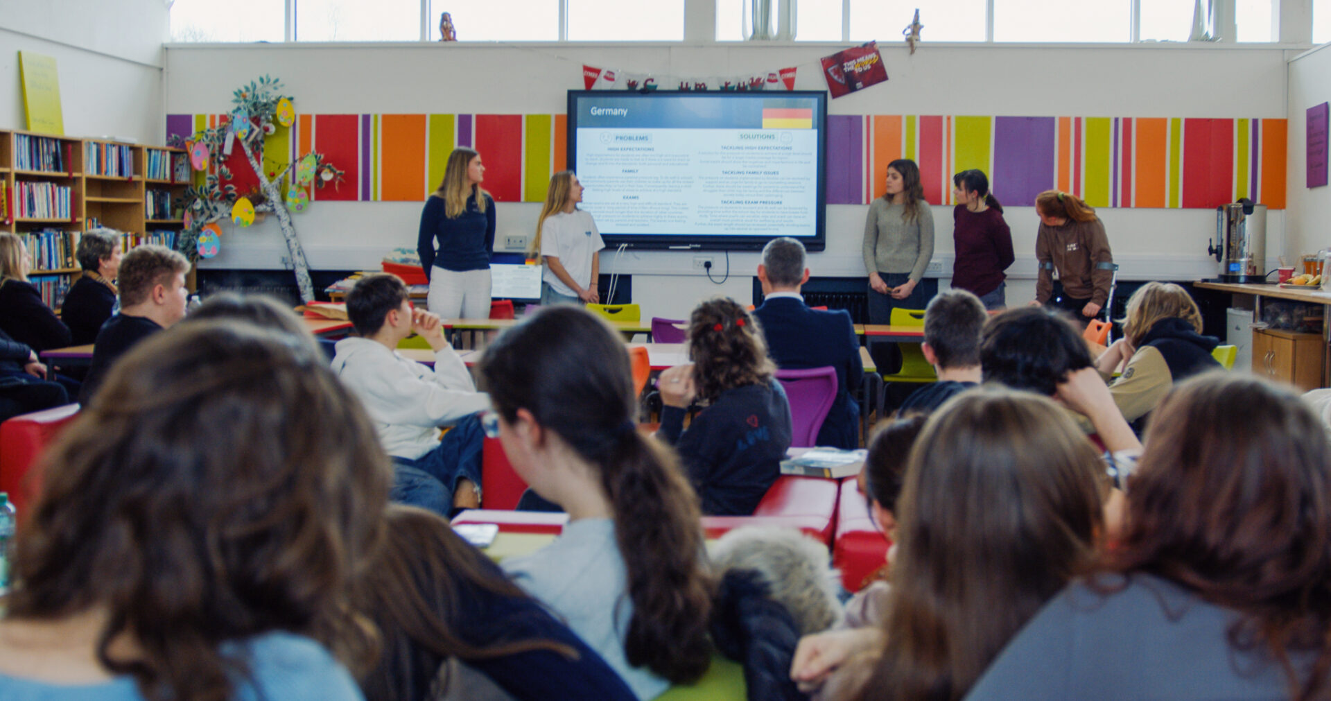 Pump myfyrwyr yn sefyll ym mlaen dosbarth yn cyflwyno gan ddefnyddio sgrin deledu fawr. Ar y cyflwyniad gallwch weld y gair Almaen a baner yr Almaen. Yn y blaendir mae ystafell ddosbarth yn llawn disgyblion a staff yn eistedd yn wynebu'r cyflwyniad.