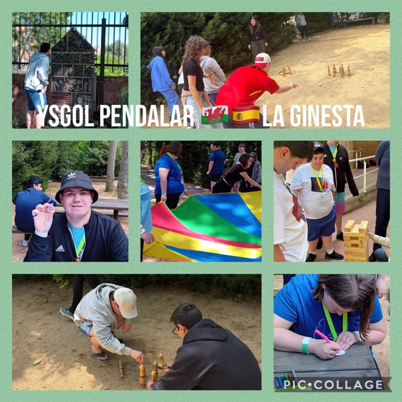 Collage lluniau yn dangos cyfranogwyr yn cymryd rhan mewn gweithgareddau adeiladu tîm awyr agored, gan gynnwys sgitlau, Jenga anferth, gemau parasiwt, archwilio natur a thasgau creadigol, gyda baneri Cymru a Sbaen wedi'u harddangos ochr yn ochr â theitl y gweithgaredd.